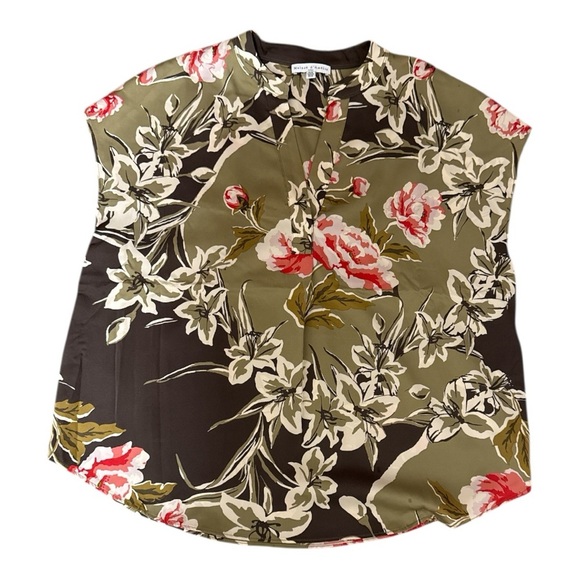 Maison d’ Ame’lie Paris Pink and Olive Boxy Blouse with Mandarin Collar - Picture 1 of 6